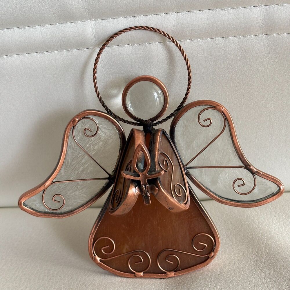 Handmade Stained Glass Copper Angel Suncatcher Wall Hanging Art Decor Ornament